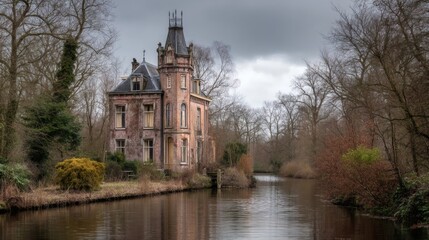 Fototapeta premium Abandoned Gothic Mansion Surrounded by Trees and a Serene River