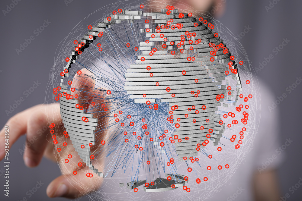 Leinwandbilder Hand interacting with a 3D digital globe showing interconnected data points.  Illustrates global communication and networking.