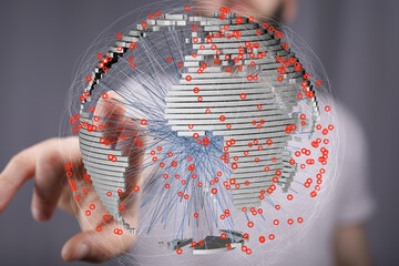 Hand interacting with a 3D digital globe showing interconnected data points.  Illustrates global...