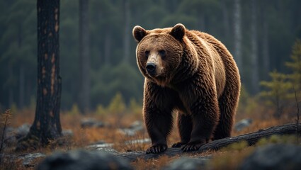 Obraz premium Brown Bear in Forest with Empty Copy Space for Text