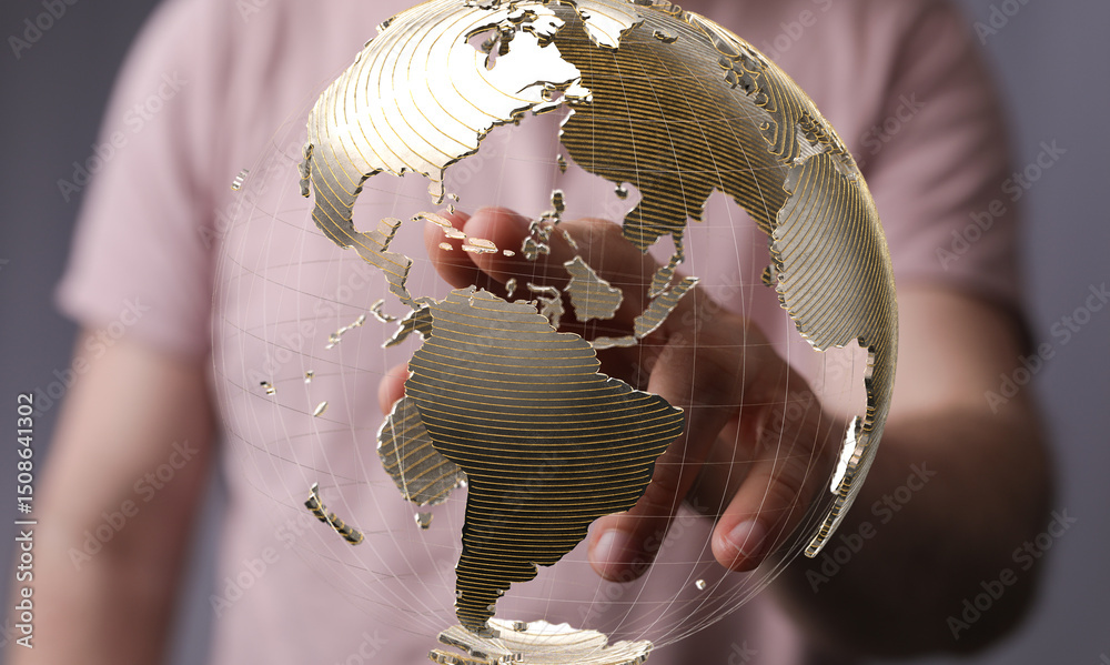 Fototapete Person interacts with a digital globe, symbolizing global connections and networking.