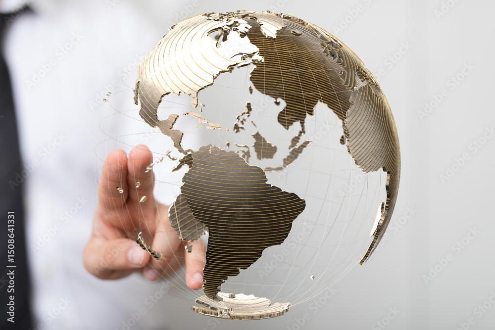 Poster hand interacting with a digital globe, symbolizing global network and business connections.