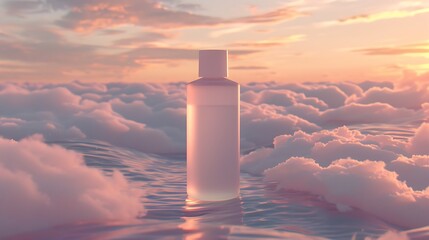 Weightless toner bottle mockup hovering over a sea of undulating cloud waves its reflection shimmering beneath soft pastel sunset hues in a dreamlike horizon