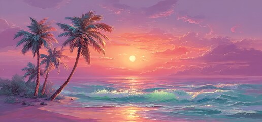 Pastel Pink Sunset Beach Scene With Palm Trees