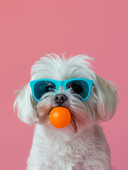 A funny animal concept: a cute dog blowing orange chewing gum bubbles and wearing blue sunglasses, set against a simple pink background.