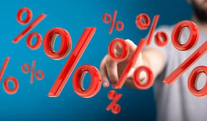 3D render of red percentage symbols.  A hand interacts with the symbols. Ideal for finance,...