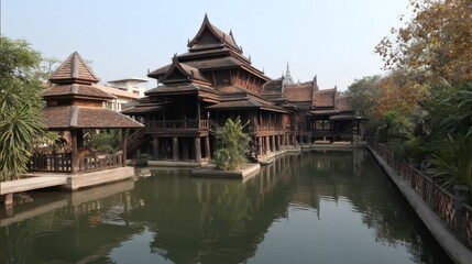 Naklejka premium Traditional Wooden Pavilion Surrounded by Water and Greenery
