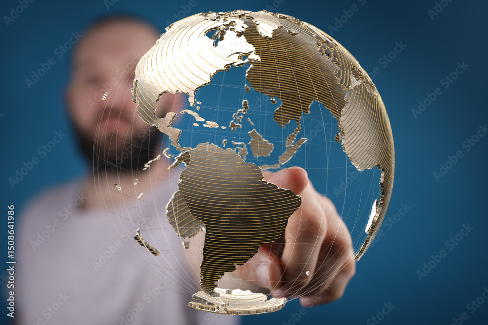 Leinwandbilder high-quality stock photo of a man interacting with a digital globe, representing global connectivity