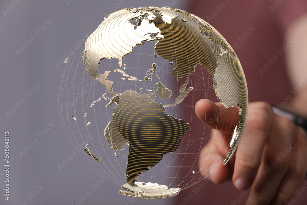 Leinwandbilder Abstract image of a hand interacting with a 3D model of the Earth, symbolizing global connectivity and networking.