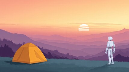 Robotic assistant setting up a smart camping zone, AI-powered recreation