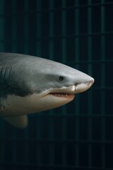 Shark emerging from shadows beside cage, Shark Cage Diving