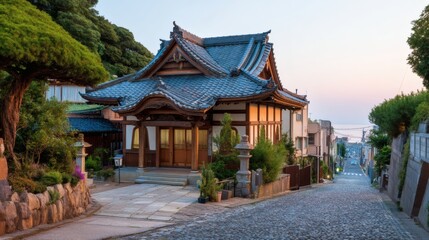 Obraz premium Traditional Japanese Temple Amidst Scenic Hills at Sunset