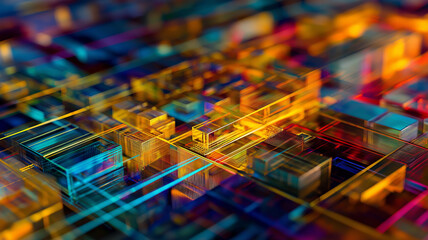 Bright geometric wireframe cityscape with vivid colors and deep shadows, futuristic metropolis theme, sharp HDR architectural photo