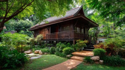 Serene Wooden House Surrounded by Lush Green Garden Landscape