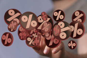 3D rendering of percentage symbols floating, illustrating interest rates or discounts.