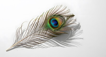 Fototapeta premium Elegant Peacock Feather on White Background - Close-up Studio Shot