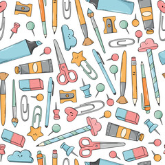 Back to school seamless pattern with school supplies doodles, pens, easers, pencils, etc. Good for wallpaper, textile prints, wrapping paper, scrapbooking, backgrounds, etc. EPS 10