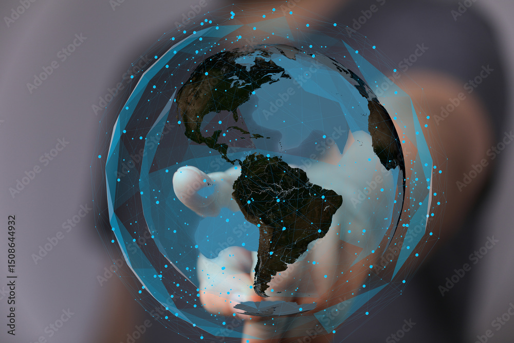 Poster Abstract image of a hand interacting with a digital globe, symbolizing global connectivity and networking.