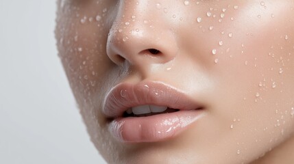 Close-up of a woman's face with water droplets highlighting her skin texture
