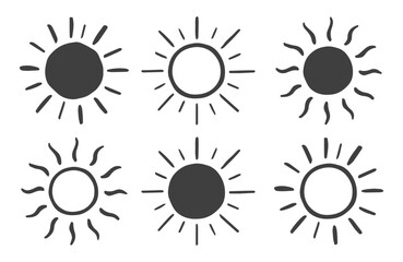 Hand drawn sun icon and symbol collection, isolated sun symbols set. Vector illustration image. Isolated on white background.