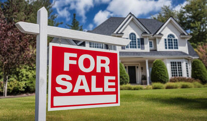 House for sale sign, real estate concept, blur building background, text with blank space, template for an agent advertising, copy space.