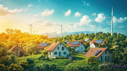 A vibrant community embracing green energy houses with solar panels nestled near wind turbines bathed in a warm inviting