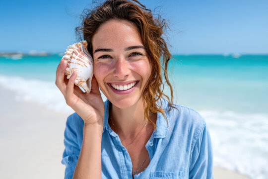 Smiling woman holding a seashell by the ocean on a sunny day - Powered by Adobe
