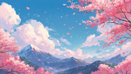 Pink Cherry Blossoms Mountain Landscape