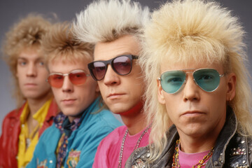 Retro 80s band group posing with iconic hairstyles and bold accessories