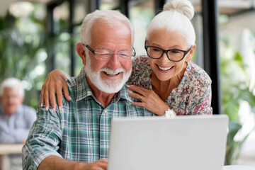 Smiling elderly couple looking at a laptop together in a cheerful setting