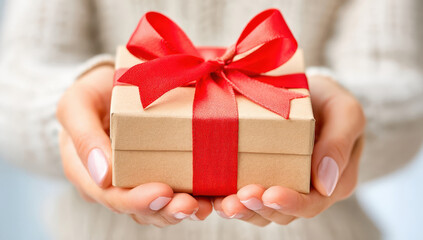 Hands holding a present wrapped in paper with a red ribbon bow tie