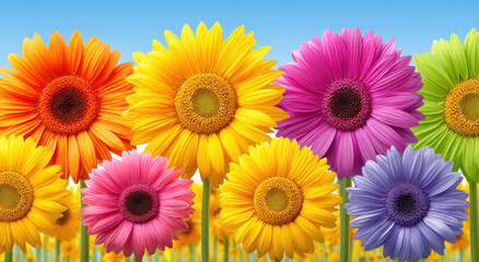 Fototapeta premium Vibrant colorful sunflowers in a field under a clear blue sky