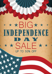 Independence Day big sale flyer with US national flag, pleated fan banners and stars. Template for 4th of July invitation, poster. Vector illustration.