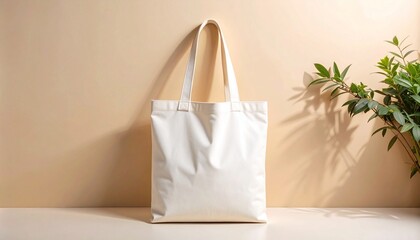 blank white canvas tote bag placed upright on beige minimalist background, soft shadows, centered composition