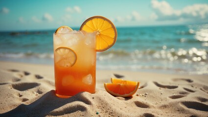 Refreshing orange cocktail on sand beach with empty copy space for text.