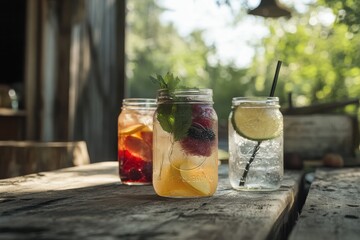Fresh Fruit Infused Drinks on Rustic Wooden Table