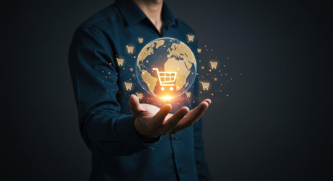 Global E-commerce Concept: One man shows a digital world globe with shopping cart icons floating above his open palm.