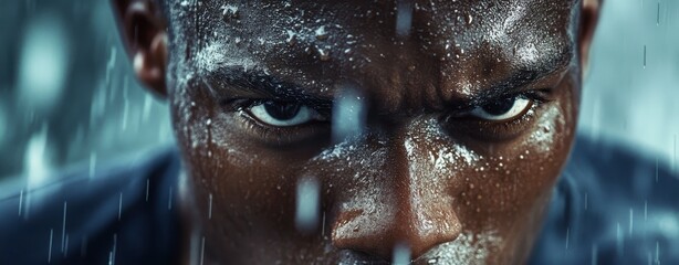 A man with wet hair and a wet face is staring at the camera. Concept of determination and focus, as the man is in the middle of a workout or a challenging task