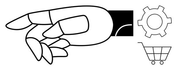 Robotic hand reaching forward with gear for technology and cart for e-commerce. Ideal for AI, automation, robotics, innovation, retail, technology integration, simple landing page