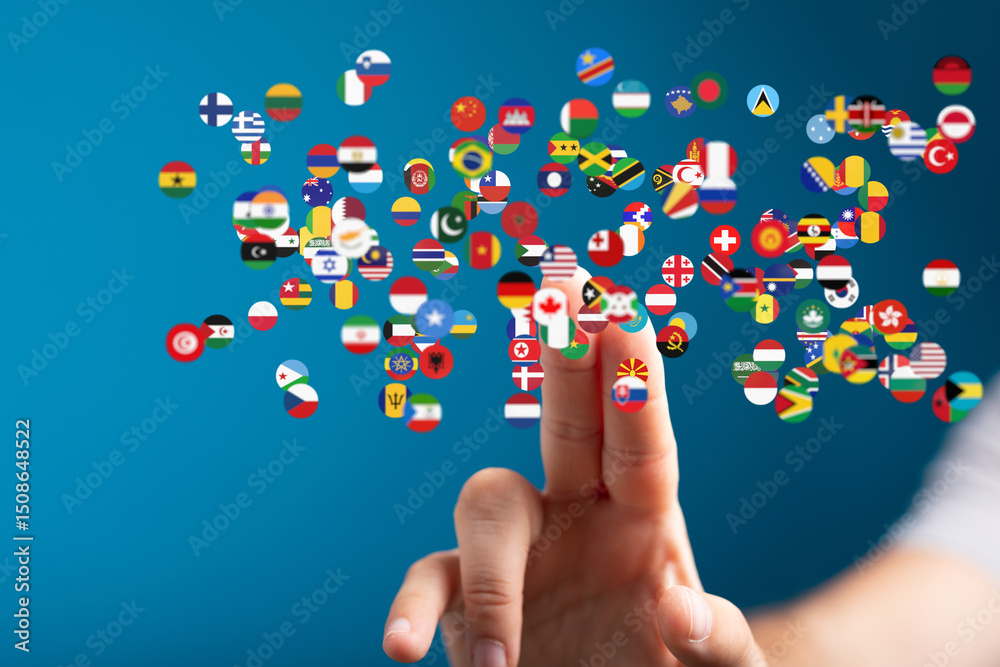 Leinwandbilder image of a hand interacting with floating world flags, symbolizing global communication and connecti