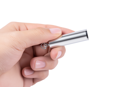 hand holding silver USB flash drive isolated on white background