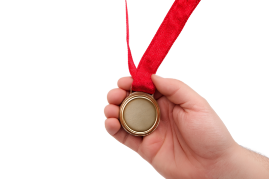 hand holding gold medal with red ribbon isolated on white background
