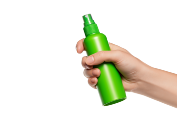 Hand holding green spray bottle isolated on white background