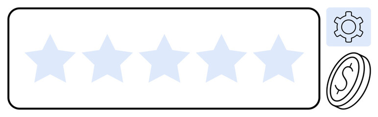 Five stars aligned in a rating system, gear icon for settings, and a currency symbol for value representation. Ideal for feedback, evaluation, review, quality, settings, finance simple landing page