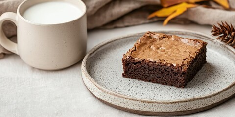 National brownie day with homemade chocolate idea. Delicious brownie with milk in a cozy setting.