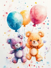 Two adorable teddy bears soaring with colorful balloons. Watercolor illustration, perfect for kids' projects and celebrations.