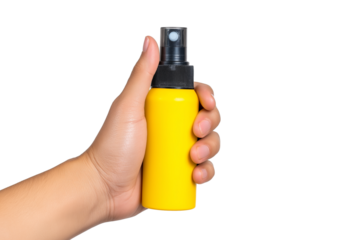 hand holding yellow spray bottle isolated on white background