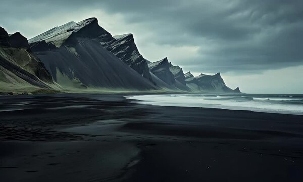 Dramatic black sand beach with sharp coastal mountains under moody skies and crashing ocean waves.