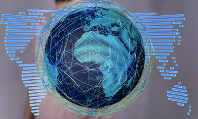 Abstract image of a digital earth with connections representing global networks and data flow.