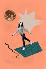 Vertical 3d poster art collage of happy girl guy stand space galaxy moon planet cosmos discovery...